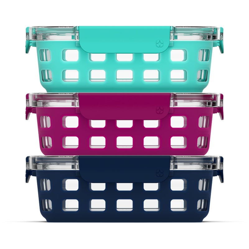 Ello Duraglass 3.4 Cup Meal Prep Sets 6Pc, 3 Pack Set- Glass Food Storage Container with Silicone Sleeve and Airtight BPA-Free Plastic Lids, Dishwasher, Microwave, and Freezer Safe, Berry - Image 1